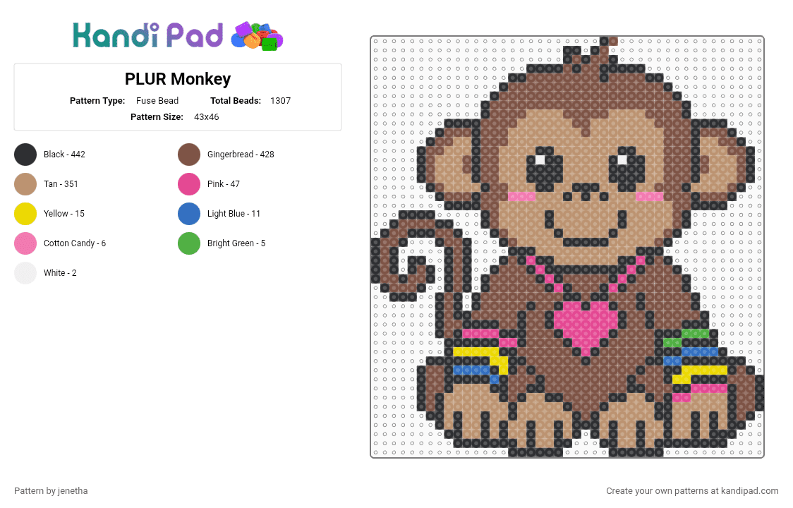 PLUR Monkey - Fuse Bead Pattern by jenetha on Kandi Pad - beige,tan,cotdzooanimals
