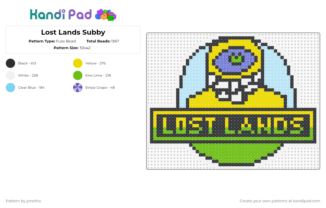 Lost Lands Subby - Fuse Bead Pattern by jenetha on Kandi Pad - lost lands,subtronics,dj,music,edm,festival,sign,cyclops,yellow,green,light blue