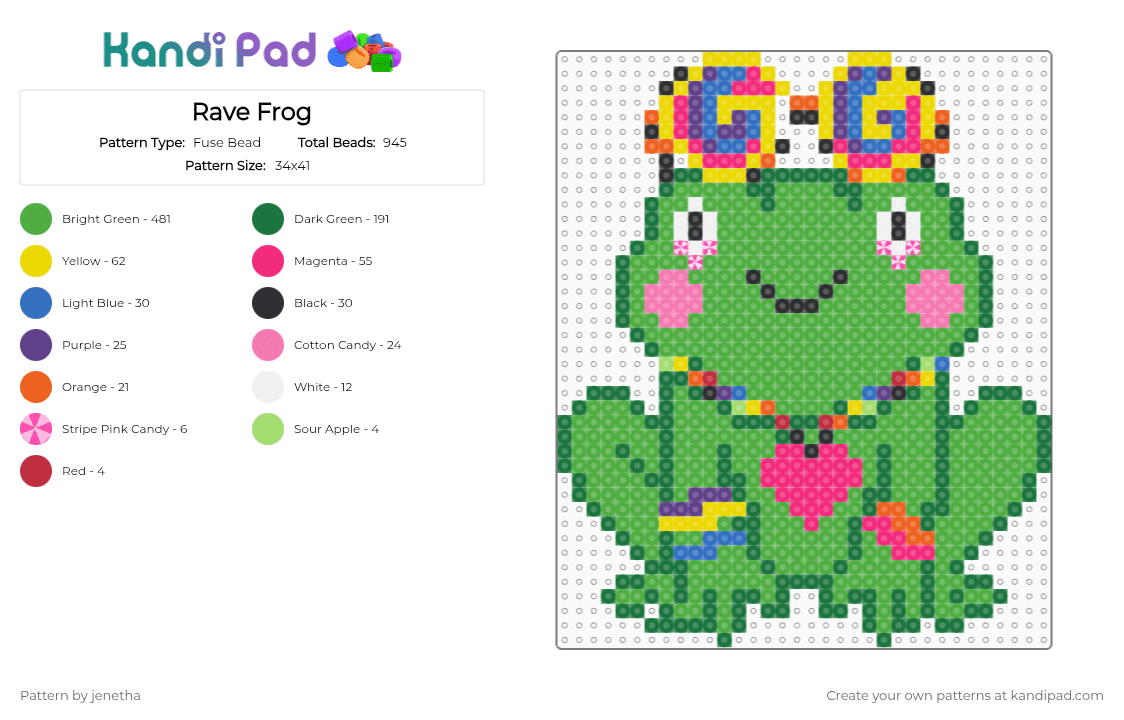 Rave Frog - Fuse Bead Pattern by jenetha on Kandi Pad - green