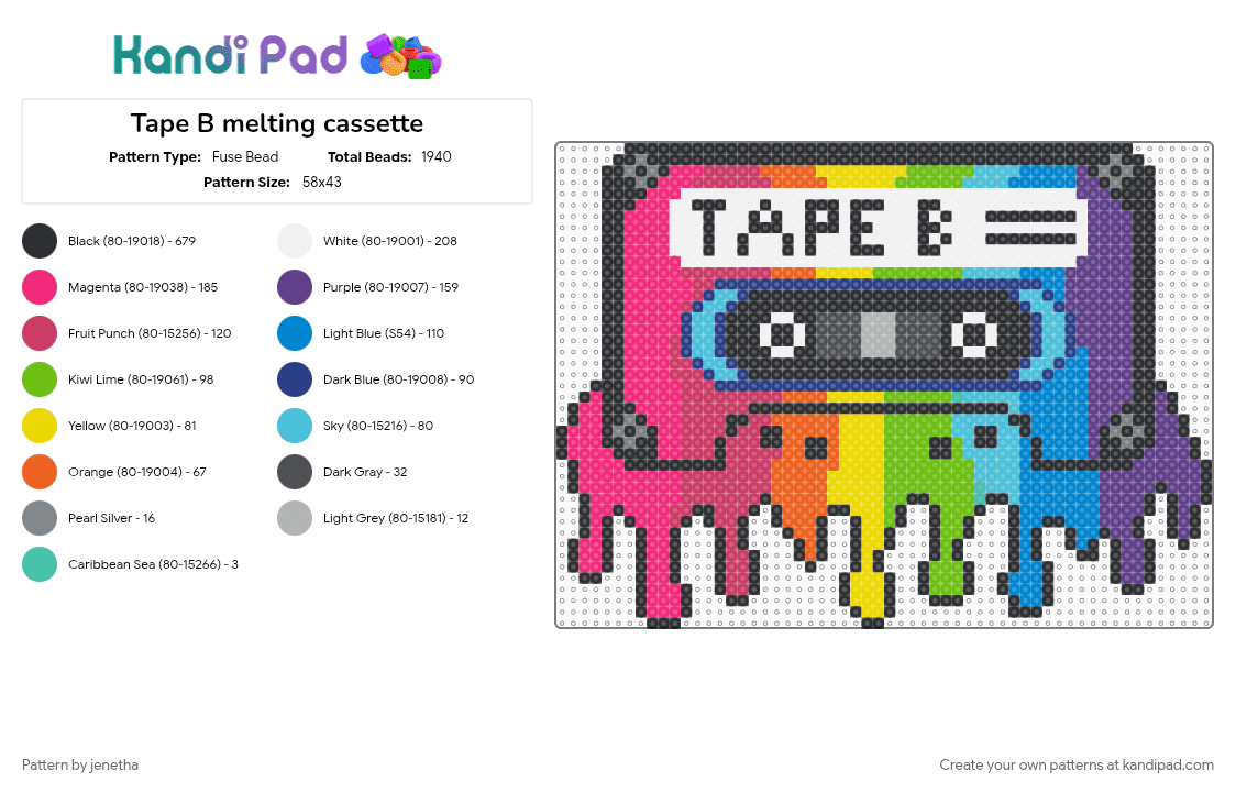 Tape B melting cassette - Fuse Bead Pattern by jenetha on Kandi Pad - blue, green, pink, purple