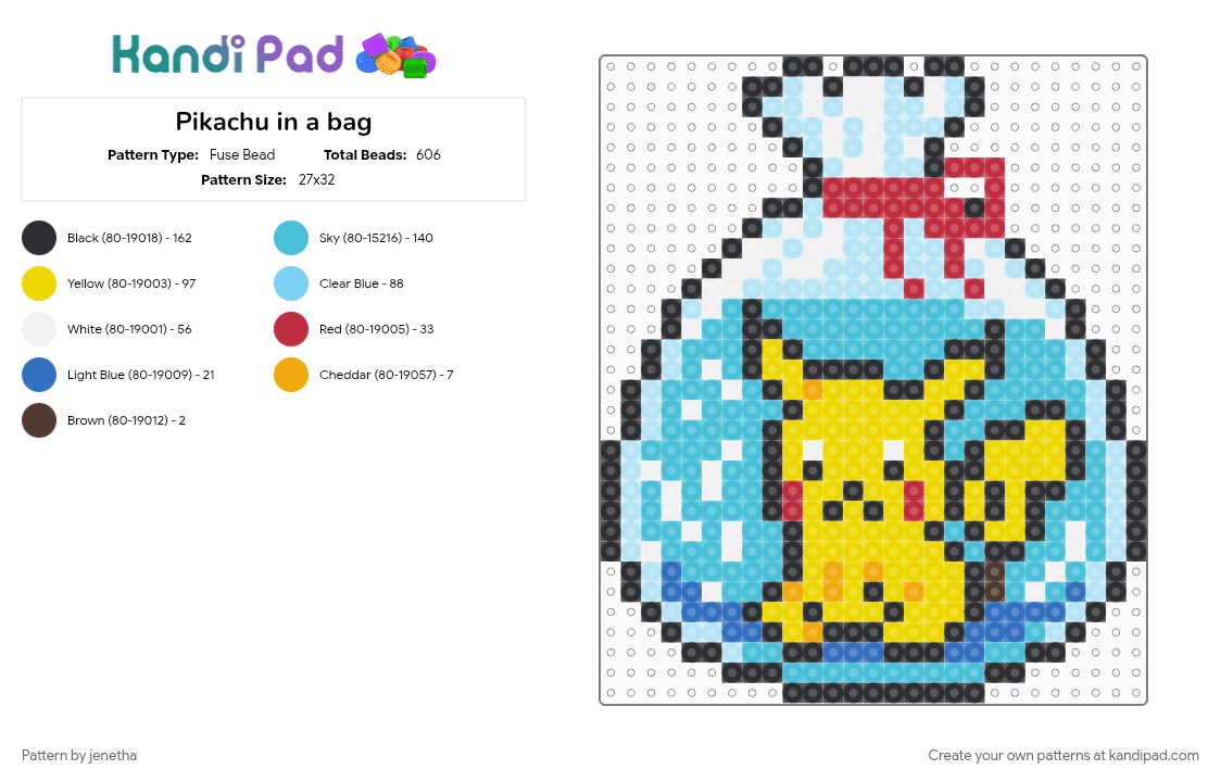 Pikachu in a bag - Fuse Bead Pattern by jenetha on Kandi Pad - light blue, pokemon, yellow