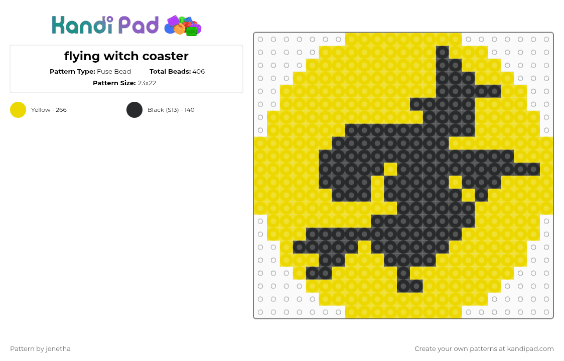 flying witch coaster - Fuse Bead Pattern by jenetha on Kandi Pad - yellow,black