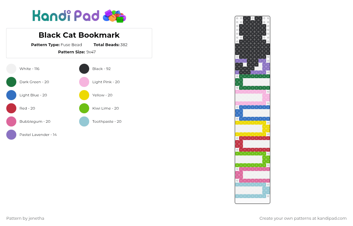 Black Cat Bookmark - Fuse Bead Pattern by jenetha on Kandi Pad - white,blue,green,pink