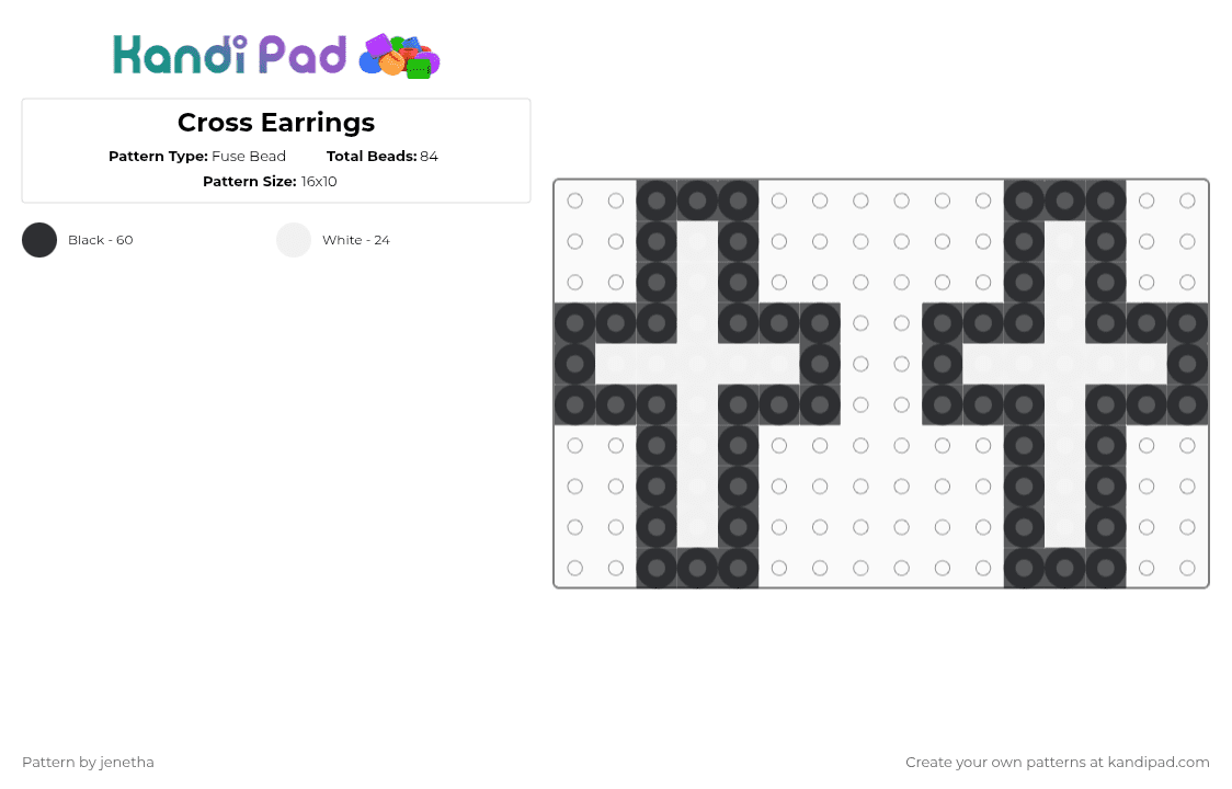 Cross Earrings - Fuse Bead Pattern by jenetha on Kandi Pad - white,black