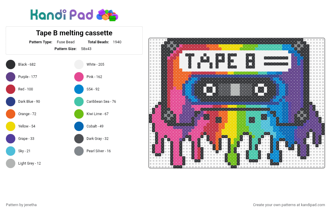 Tape B melting cassette - Fuse Bead Pattern by jenetha on Kandi Pad - pink,red,blue,purple
