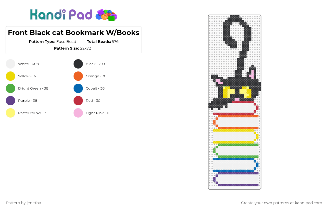 Front Black cat Bookmark W/Books - Fuse Bead Pattern by jenetha on Kandi Pad - white,yellow,green,purple,colorful