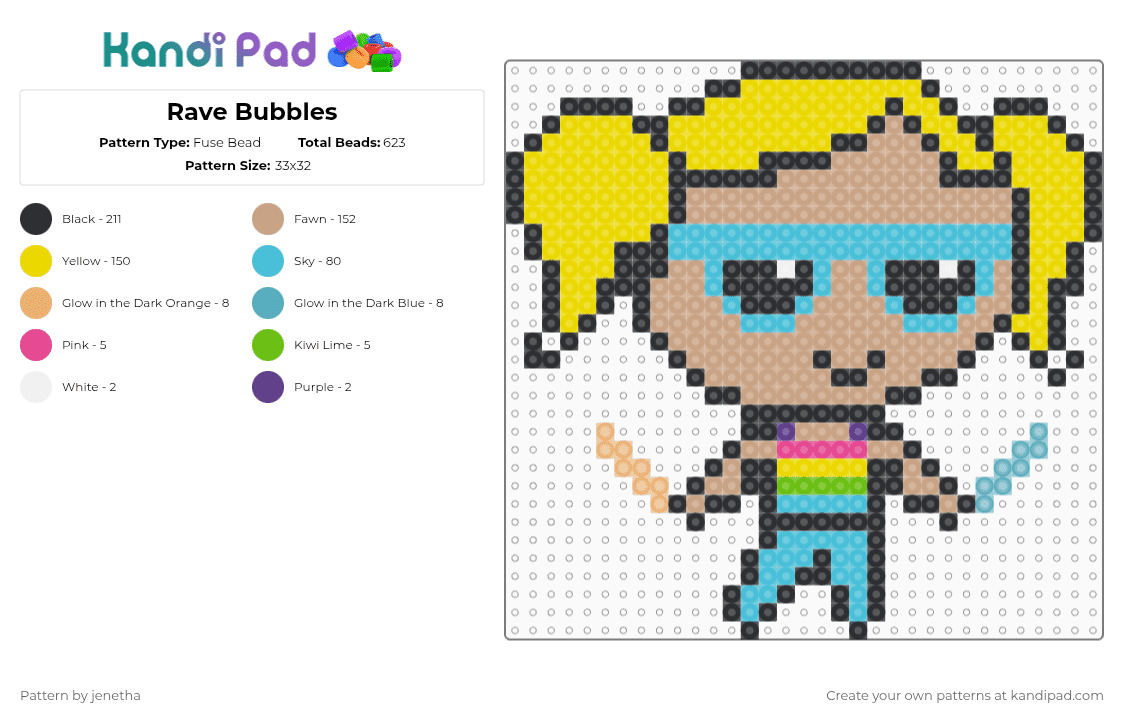 Rave Bubbles - Fuse Bead Pattern by jenetha on Kandi Pad - bubbles,powerpuff girls,glowsticks,rave,edm,festival,character,music,party,cartoon,tv show,beige,light blue,yellow