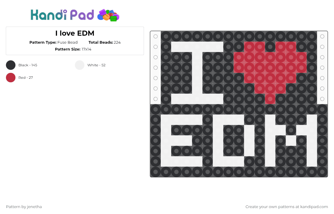 I love EDM - Fuse Bead Pattern by jenetha on Kandi Pad - black,white,red