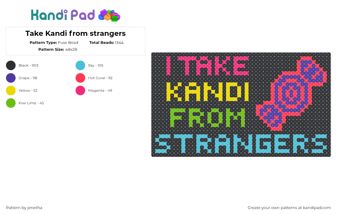 Take Kandi from strangers - Fuse Bead Pattern by jenetha on Kandi Pad - black,red,purple,light blue