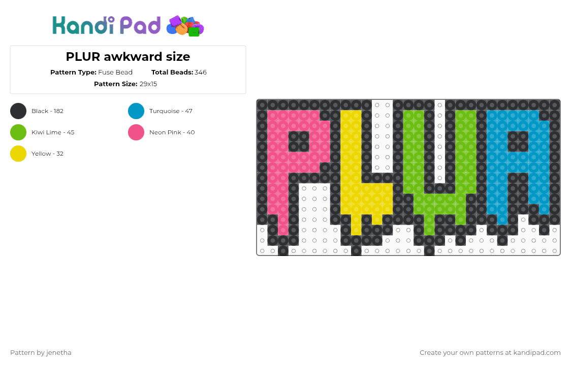 PLUR awkward size - Fuse Bead Pattern by jenetha on Kandi Pad - black,pink,green,light blue