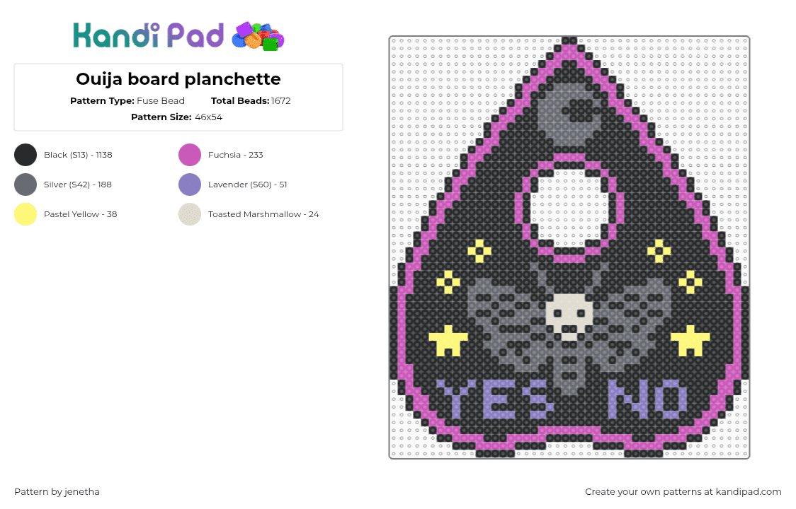 Ouija board planchette - Fuse Bead Pattern by jenetha on Kandi Pad - ouija board,planchette,paranormal,moth,spooky,game,charm,halloween,gaming,black,pink,gray