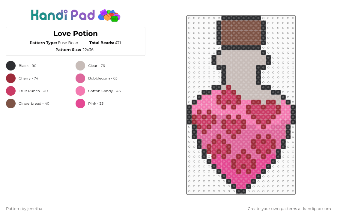 Love Potion - Fuse Bead Pattern by jenetha on Kandi Pad - potion,love,jar,hearts,bottle,love potion,heart,pink