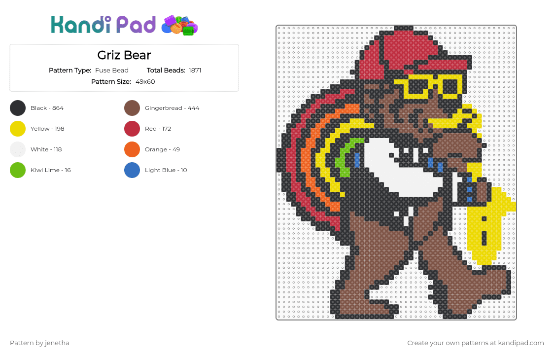Griz Bear - Fuse Bead Pattern by jenetha on Kandi Pad - black,yellow,red,tan