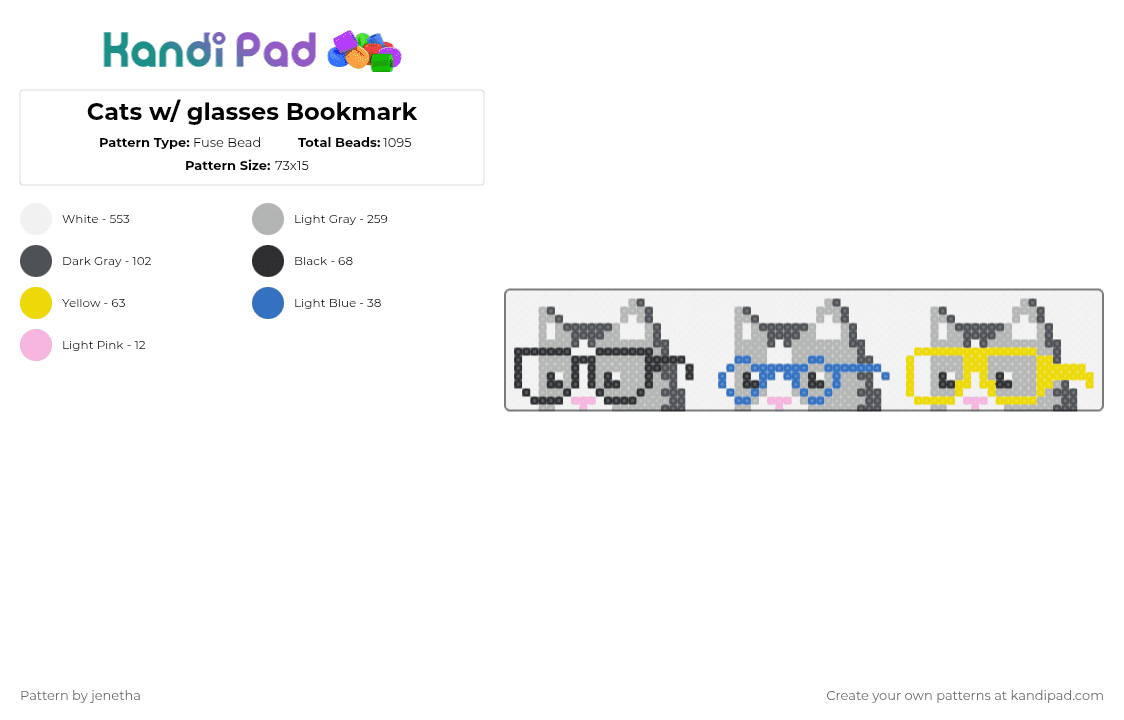 Cats w/ glasses Bookmark - Fuse Bead Pattern by jenetha on Kandi Pad - white,beige,gray