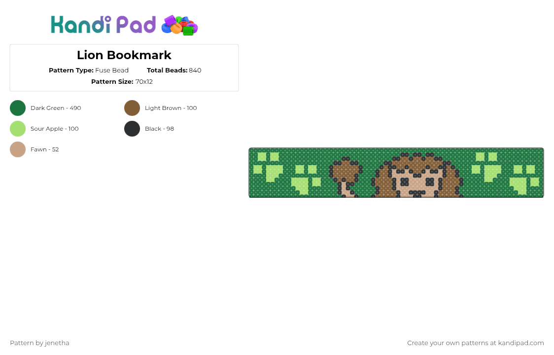 Lion Bookmark - Fuse Bead Pattern by jenetha on Kandi Pad - green