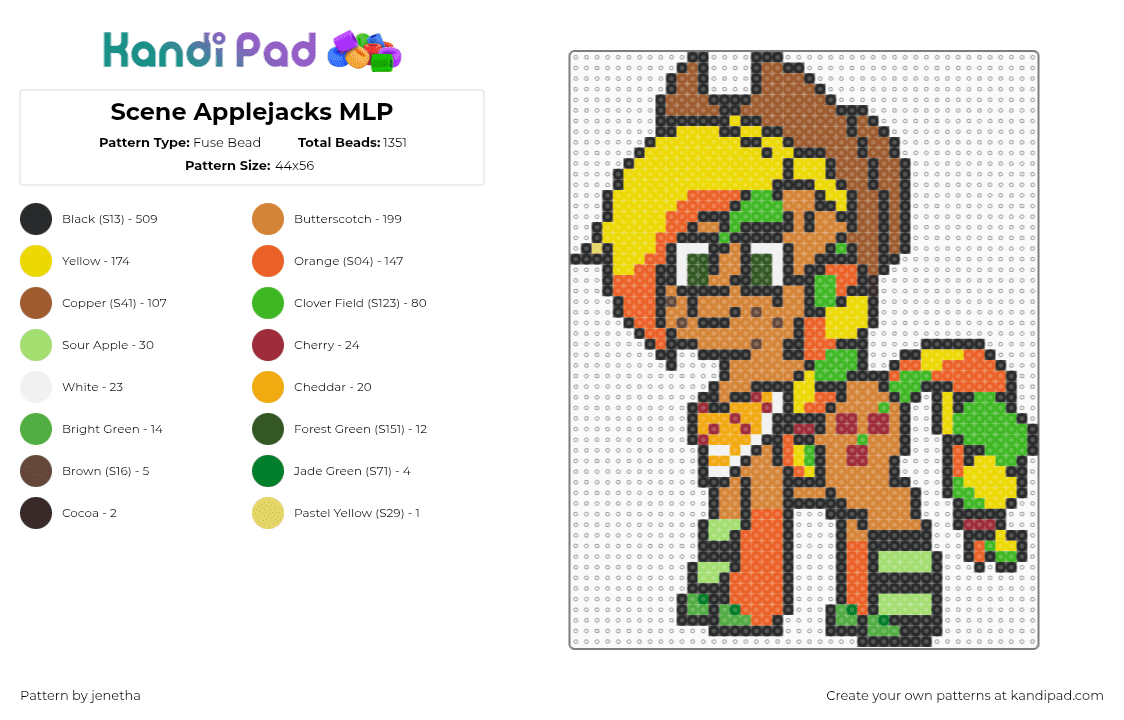 Scene Applejacks MLP - Fuse Bead Pattern by jenetha on Kandi Pad - tan,orange,yellow,green
