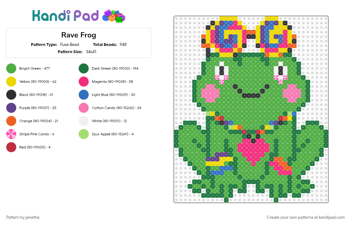 Rave Frog - Fuse Bead Pattern by jenetha on Kandi Pad - green