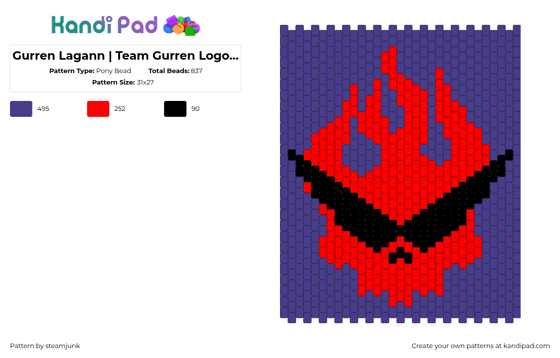 Gurren Lagann | Team Gurren Logo/Sign - Pony Bead Pattern by steamjunk on Kandi Pad - team guren,naruto,skull,cool,fire,red,purple