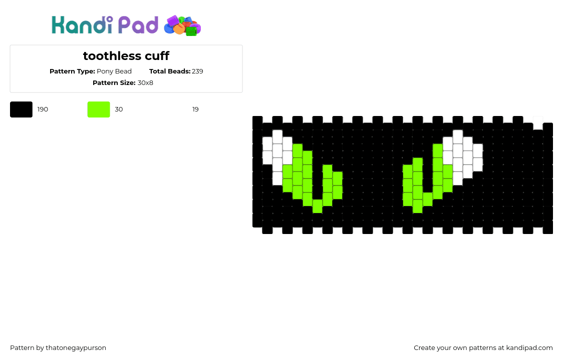 toothless cuff - Pony Bead Pattern by thatonegaypurson on Kandi Pad - black,green,white