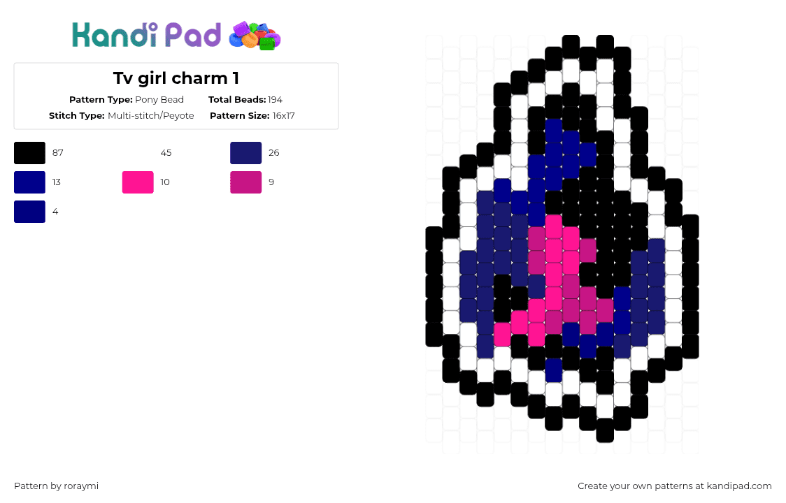 Tv girl charm 1 - Pony Bead Pattern by roraymi on Kandi Pad - purple,pink,music
