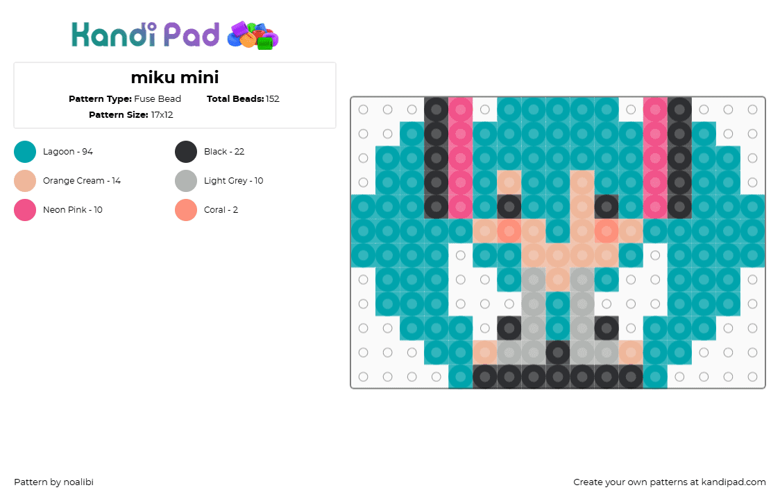 miku mini - Fuse Bead Pattern by noalibi on Kandi Pad - teal,vocaloid,anime