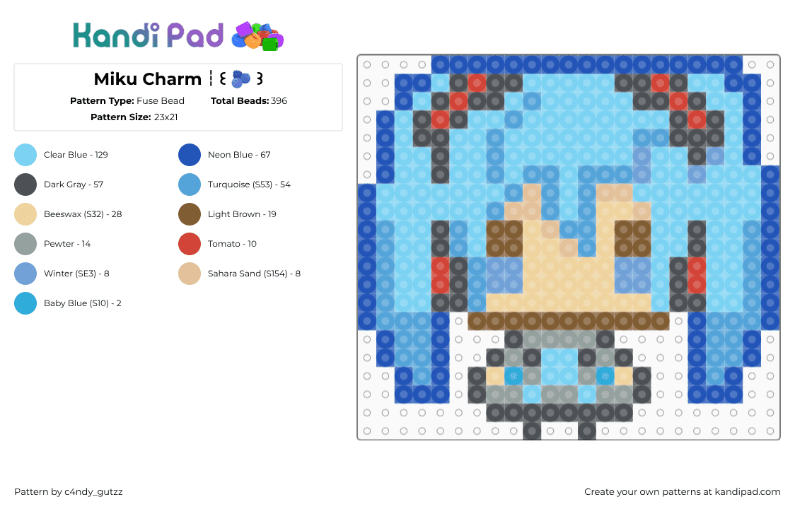 Miku Charm┆꒰ 🫐 ꒱ - Fuse Bead Pattern by c4ndy_gutzz on Kandi Pad - blue,light blue,gray