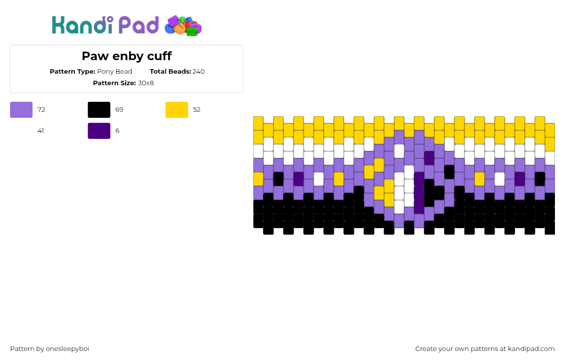 Paw enby cuff - Pony Bead Pattern by onesleepyboi on Kandi Pad - purple,yellow,paw,enby,flag,cuff