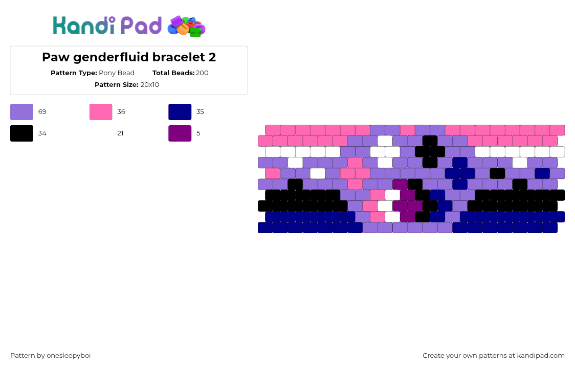 Paw genderfluid bracelet 2 - Pony Bead Pattern by onesleepyboi on Kandi Pad - purple,pink,paw