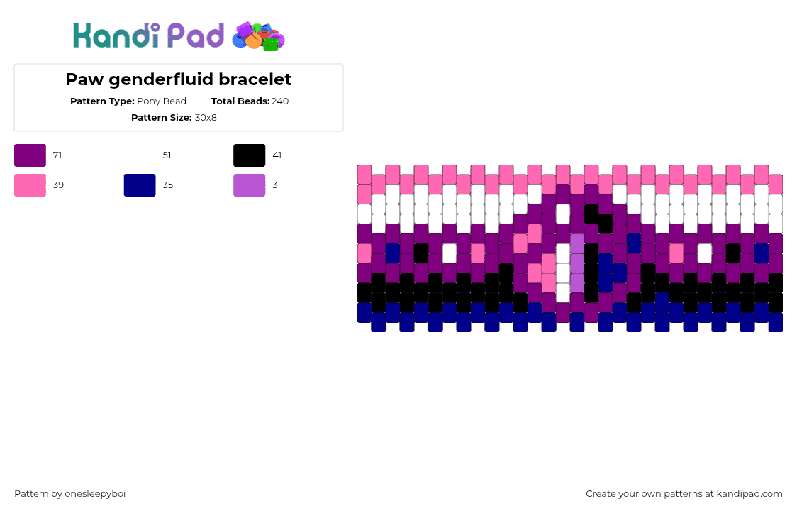 Paw genderfluid bracelet - Pony Bead Pattern by onesleepyboi on Kandi Pad - pink,bracelet,genderfluid,paw