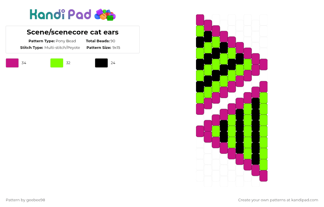 Scene/scenecore cat ears - Pony Bead Pattern by geebee98 on Kandi Pad - green,pink