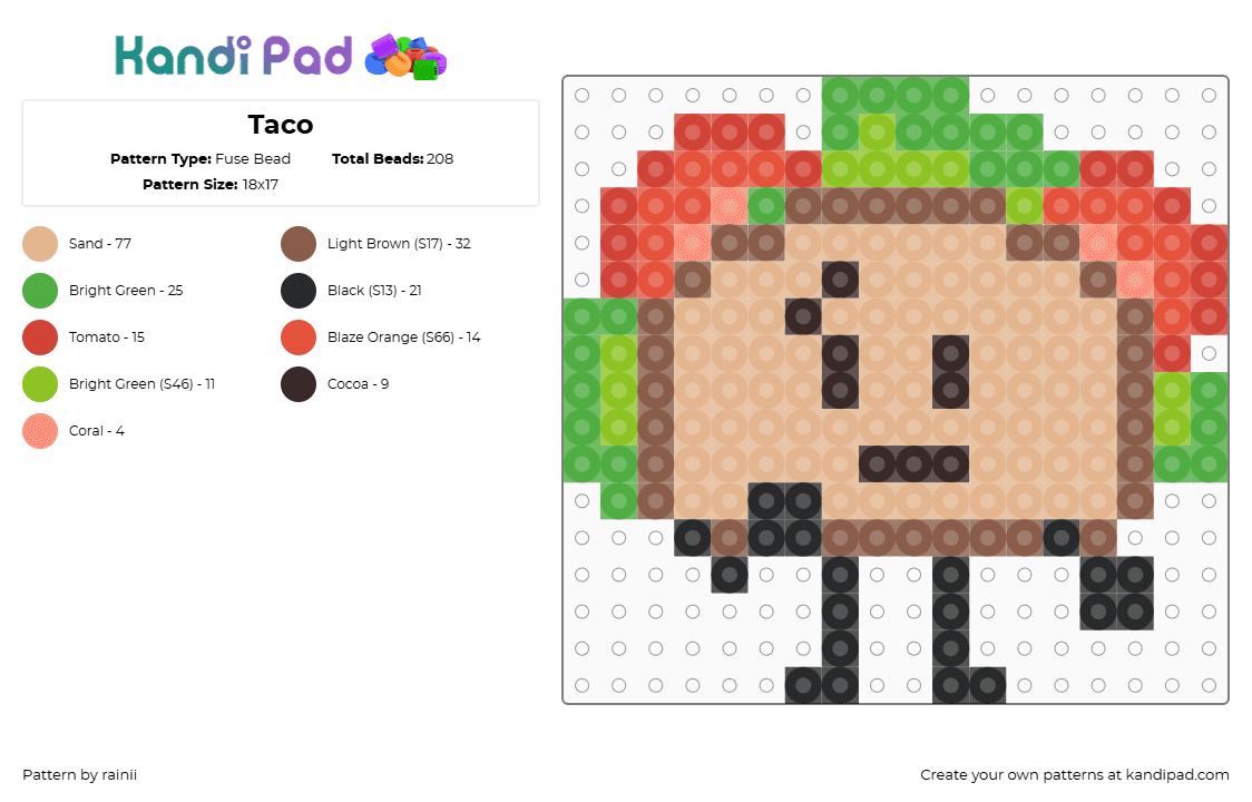 Taco - Fuse Bead Pattern by rainii on Kandi Pad - ii,ii taco,inanimate insanity,tan,beige,green,red