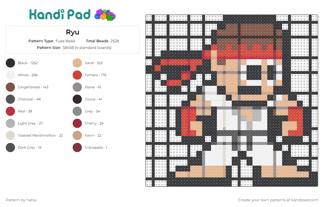Ryu - Fuse Bead Pattern by natsu on Kandi Pad - ryu,street fighter,arcade,video game,character,capcom,red,white
