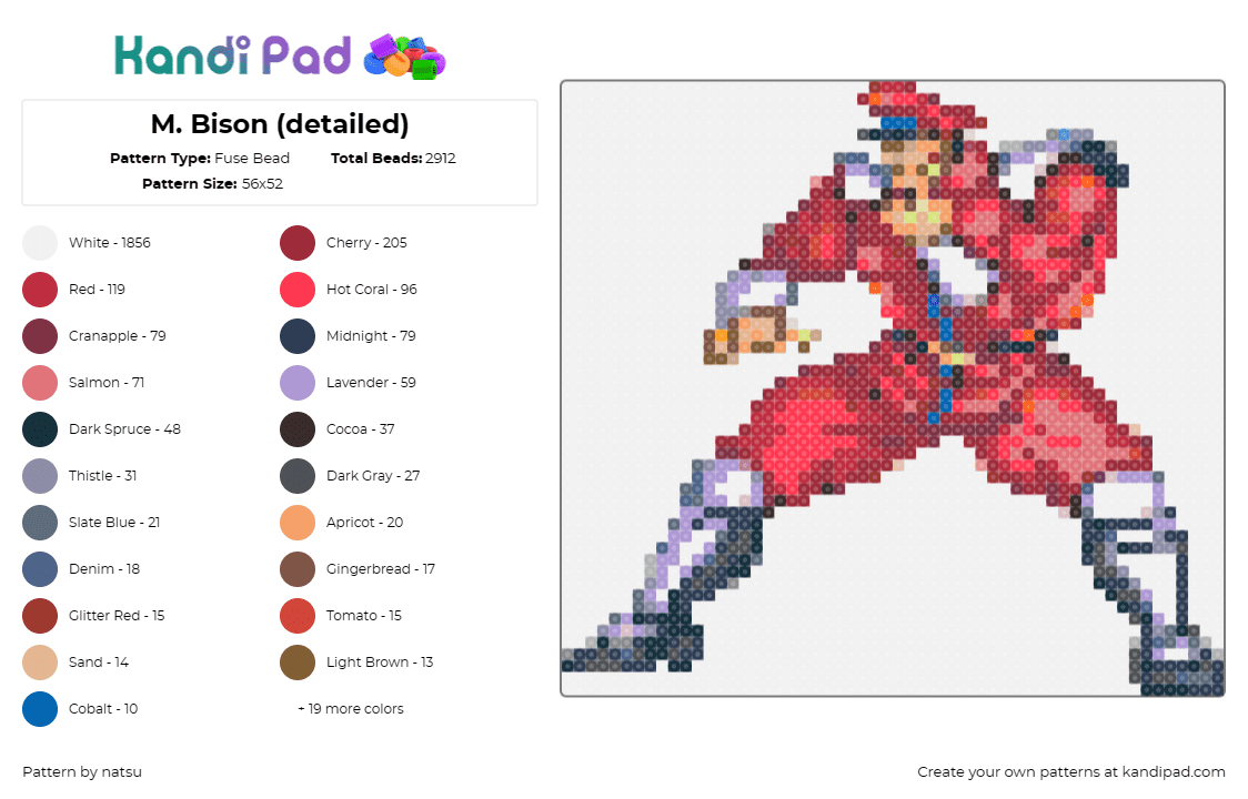 M. Bison (detailed) - Fuse Bead Pattern by natsu on Kandi Pad - m bison,street fighter,fighting game,villain,character,arcade,competitive,detail