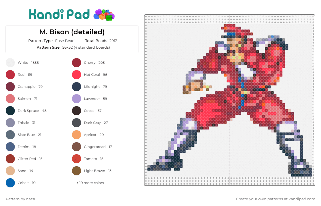 M. Bison (detailed) - Fuse Bead Pattern by natsu on Kandi Pad - m bison,street fighter,fighting game,villain,character,arcade,competitive,iconic,detailed,red