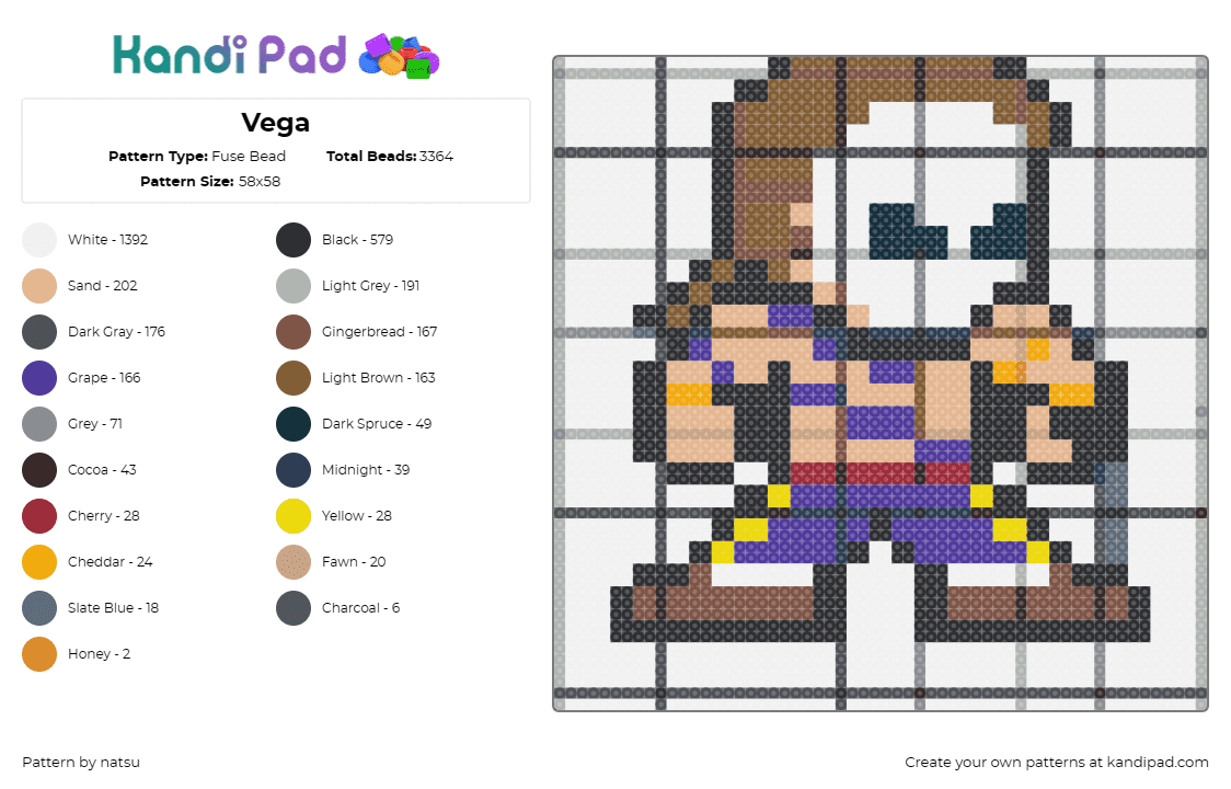 Vega - Fuse Bead Pattern by natsu on Kandi Pad - vega,street fighter,arcade,video game,character,capcom,tan,purple