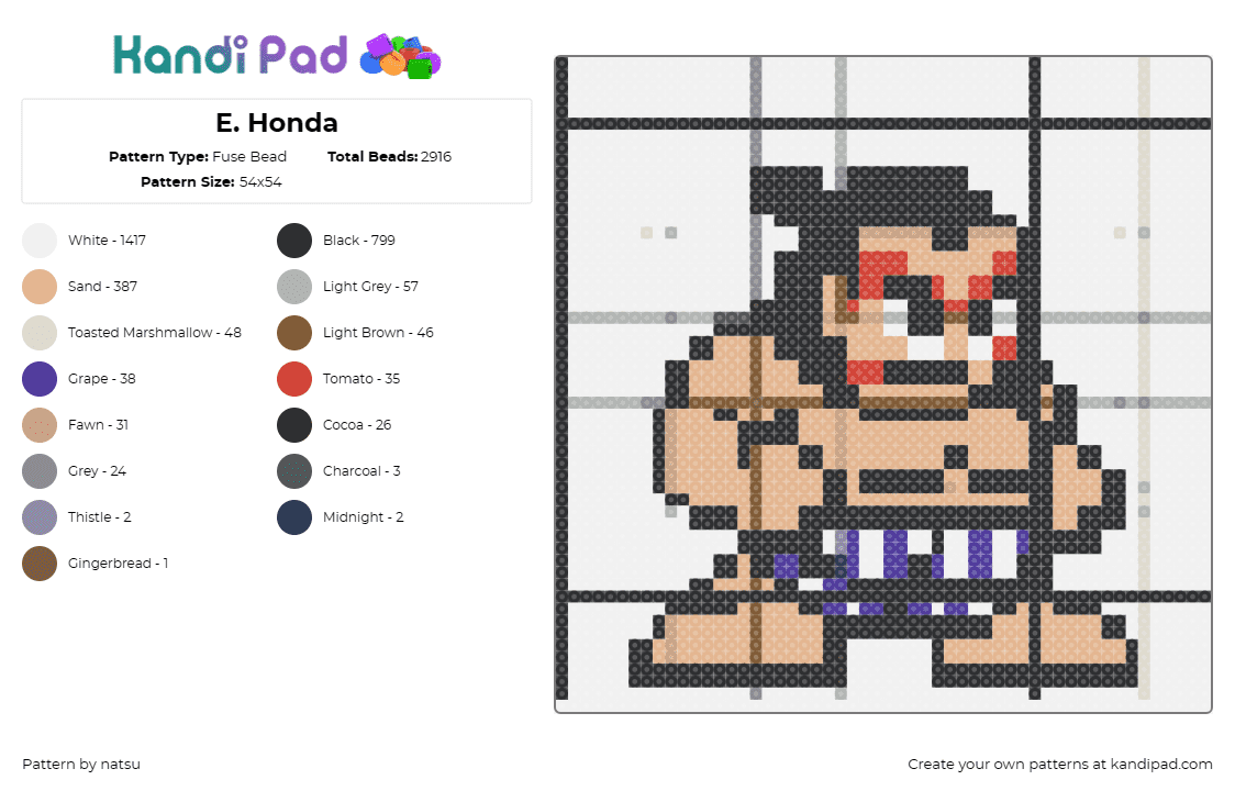 E. Honda - Fuse Bead Pattern by natsu on Kandi Pad - e honda,street fighter,arcade,video game,character,capcom,tan