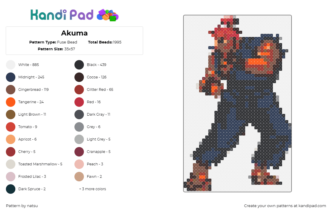 Akuma - Fuse Bead Pattern by natsu on Kandi Pad - akuma,street fighter,character,video game,martial arts,power,combat,gaming,blue