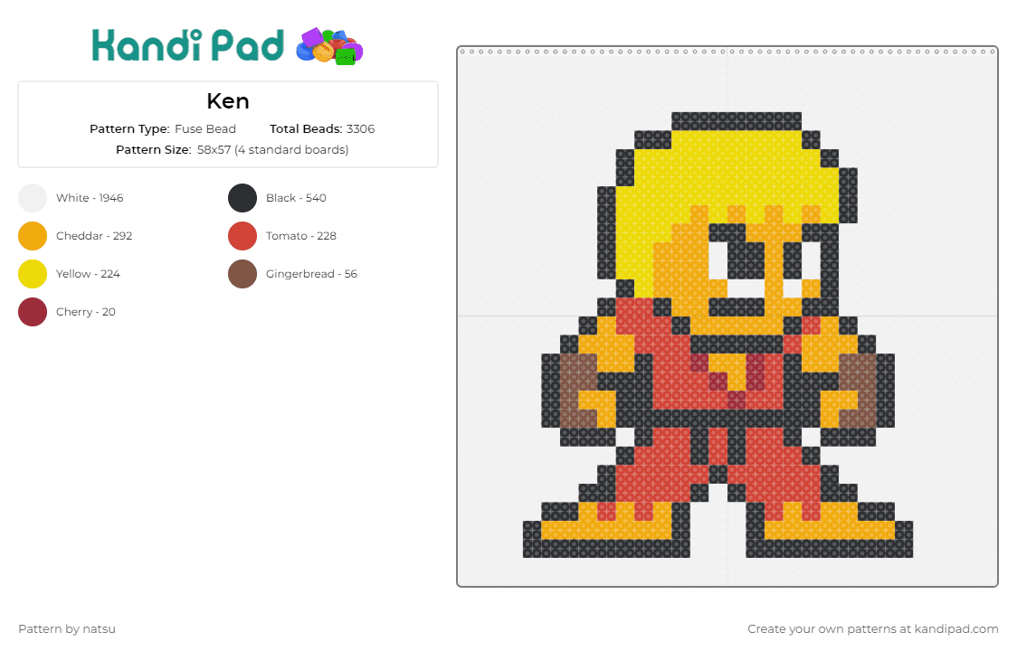 Ken - Fuse Bead Pattern by natsu on Kandi Pad - ken,street fighter,arcade,video game,character,capcom,red,yellow