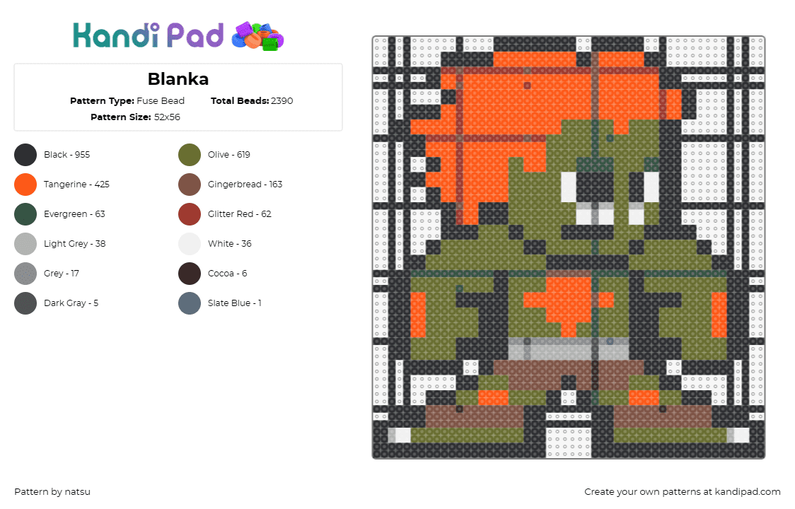 Blanka - Fuse Bead Pattern by natsu on Kandi Pad - blanka,street fighter,arcade,video game,character,capcom,green,orange