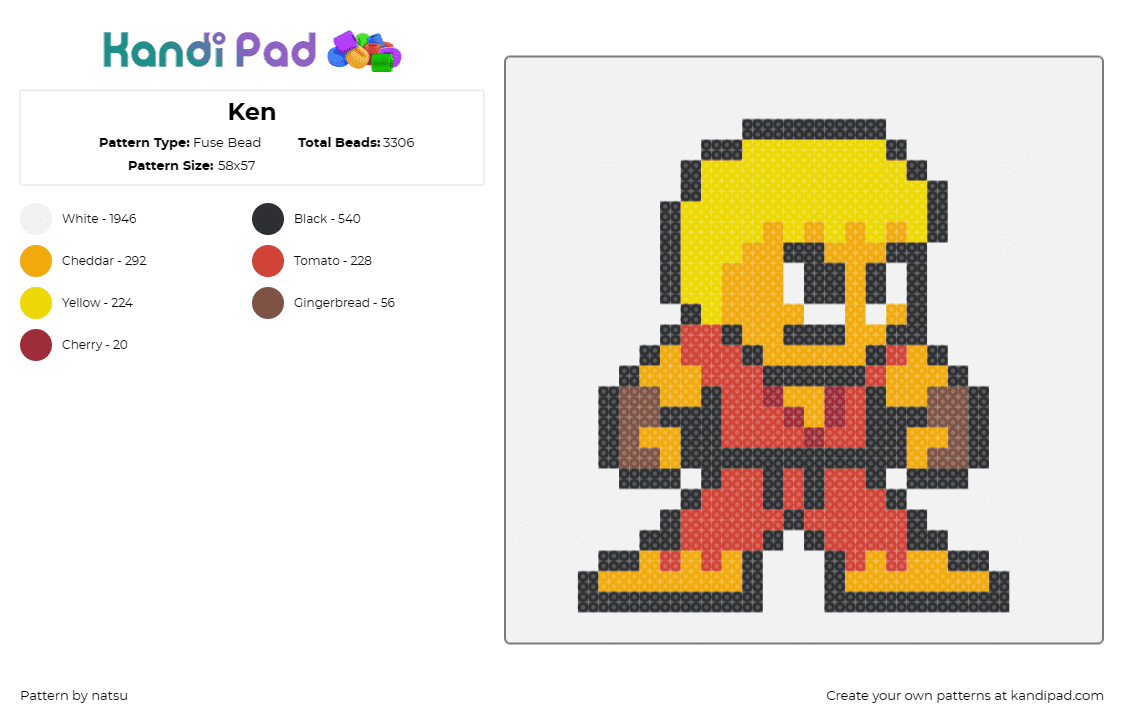 Ken - Fuse Bead Pattern by natsu on Kandi Pad - ken,street fighter,arcade,video game,character,capcom,red,yellow