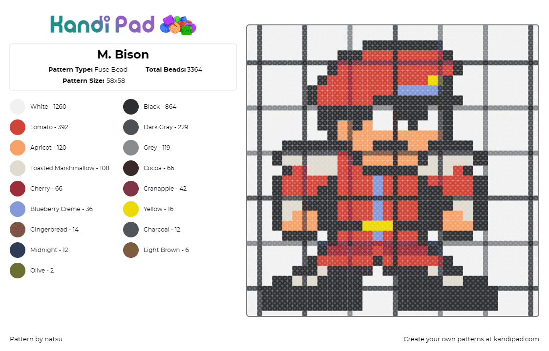 M. Bison - Fuse Bead Pattern by natsu on Kandi Pad - m bison,street fighter,arcade,video game,character,capcom,red