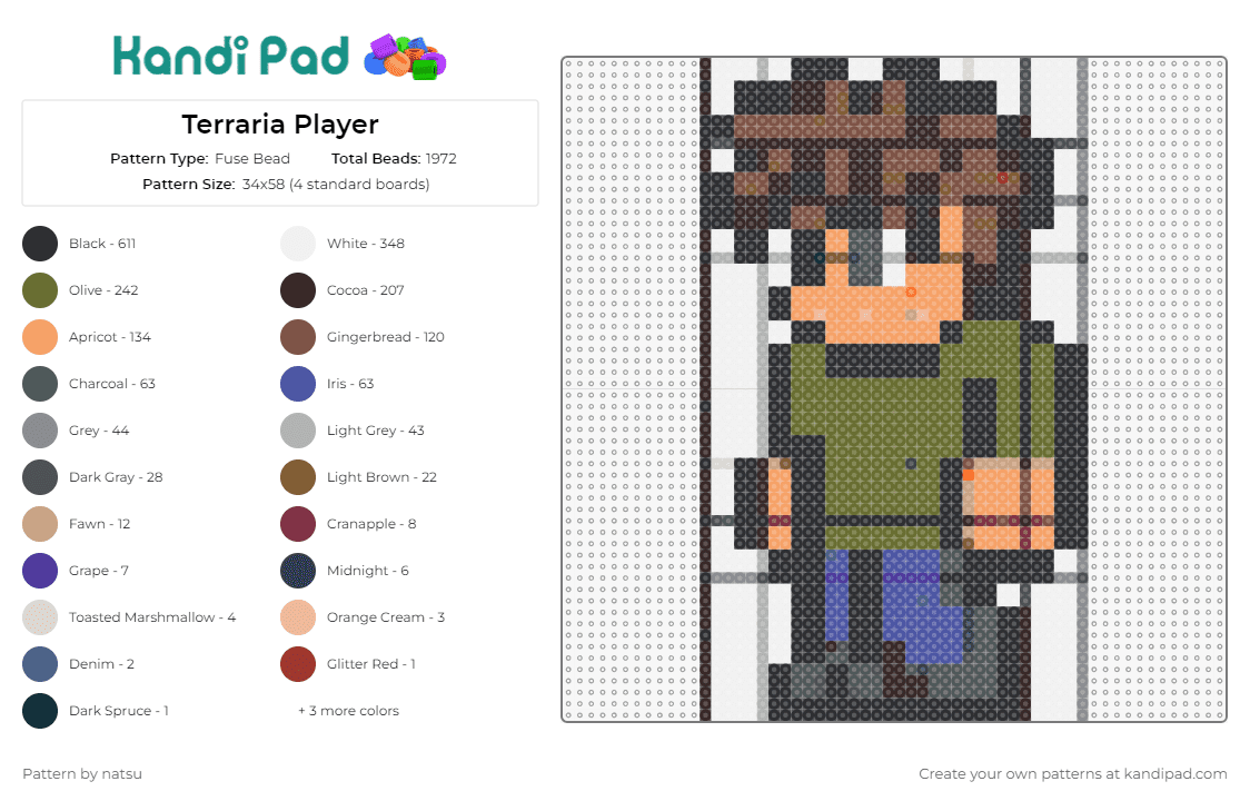 Terraria Player - Fuse Bead Pattern by natsu on Kandi Pad - terraria,character,video game,player,gaming,adventure,pixelated,virtual,brown,green