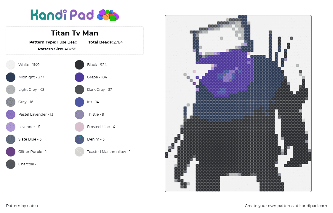 Titan Tv Man - Fuse Bead Pattern by natsu on Kandi Pad - titan tv man,skibidi toilet,mythical,cosmic,silhouette,character,purple,black