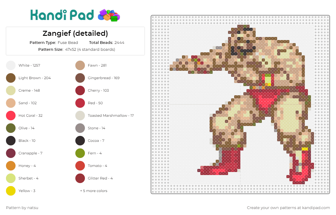 Zangief (detailed) - Fuse Bead Pattern by natsu on Kandi Pad - zangief,street fighter,video game,brawler,character,dynamic,passion,classic,detailed,brown,red,beige