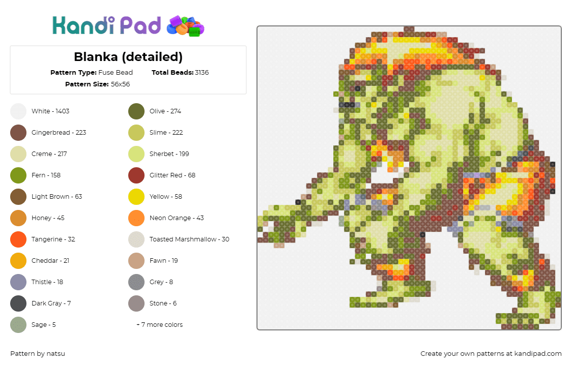 Blanka (detailed) - Fuse Bead Pattern by natsu on Kandi Pad - blanka,street fighter,video game,character,electrifying,wild,untamed,fierce,spir