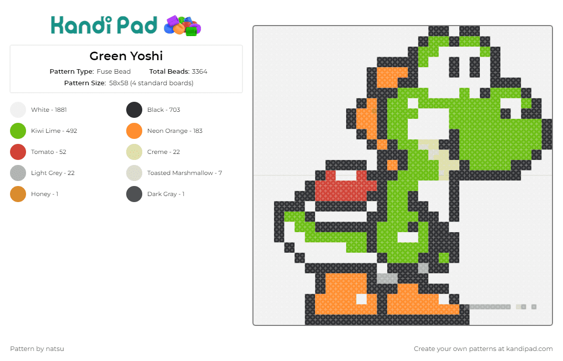 Green Yoshi - Fuse Bead Pattern by natsu on Kandi Pad - yoshi,mario,nintendo,video game,dinosaur,reptile,character,green,orange
