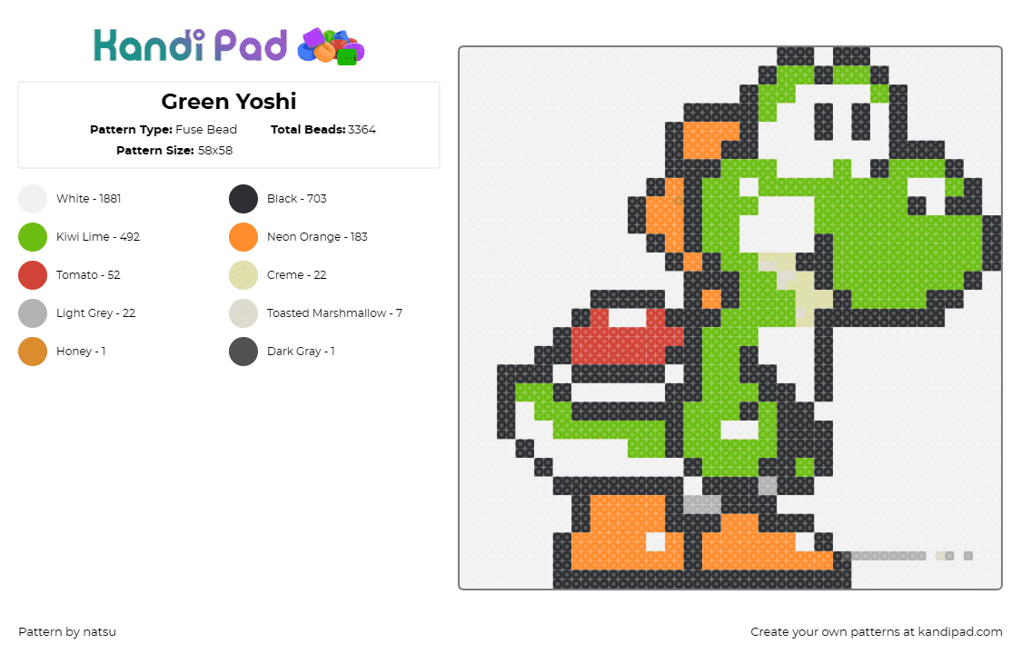 Green Yoshi - Fuse Bead Pattern by natsu on Kandi Pad - yoshi,mario,nintendo,video game,dinosaur,reptile,character,green,orange