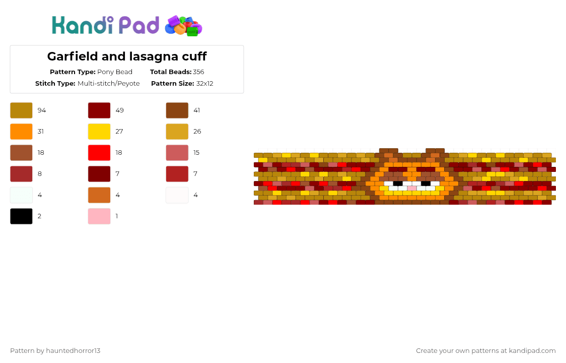 Garfield and lasagna cuff - Pony Bead Pattern by hauntedhorror13 on Kandi Pad - orange,red,gold,garfield,tv show,cartoon,food