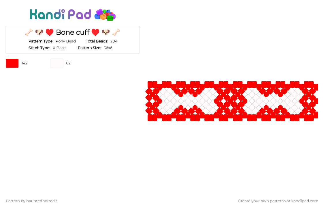 🦴 🐶 ♥️ Bone cuff ♥️ 🐶 🦴 - Pony Bead Pattern by hauntedhorror13 on Kandi Pad - cotdpetshow, red, white