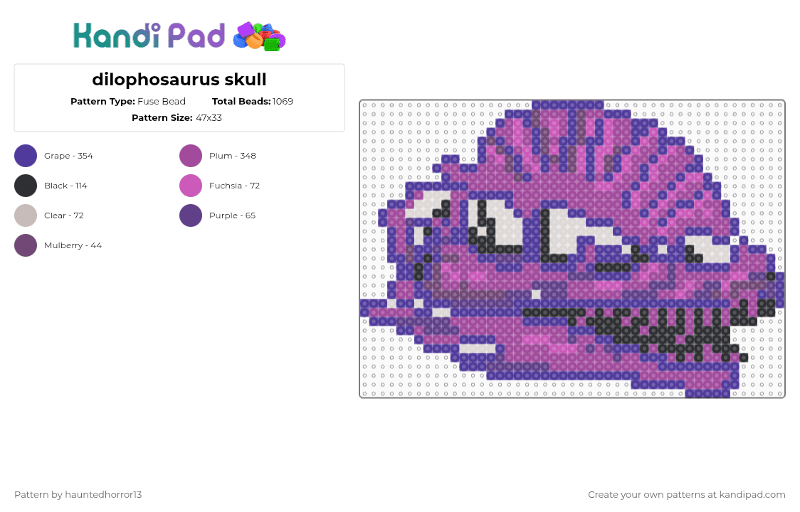 dilophosaurus skull - Fuse Bead Pattern by hauntedhorror13 on Kandi Pad - purple,pink,dinosaur,dilophosaurus,skull,dino
